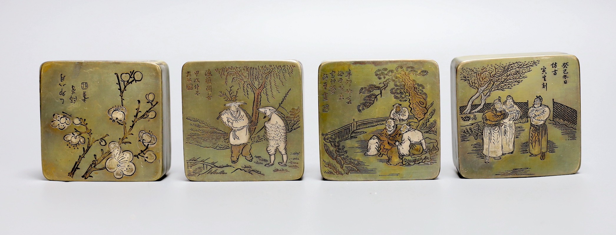 Four Chinese inscribed bronze ink boxes, 7cm sq